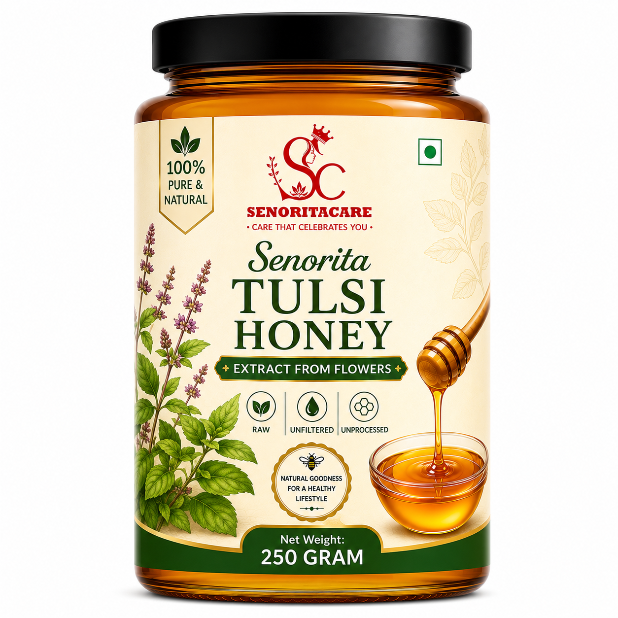 A 250 gram jar of SC Senorita Tulsi Honey Extract from Flowers, featuring an amber glass jar with a black lid and a cream-colored label with green and red text, set against a plain white background.