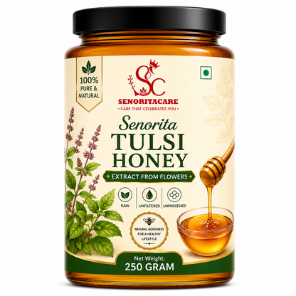 A 250 gram jar of SC Senorita Tulsi Honey Extract from Flowers, featuring an amber glass jar with a black lid and a cream-colored label with green and red text, set against a plain white background.