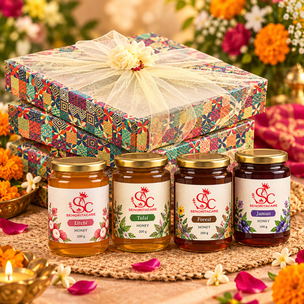 Concept decorated honey gift box and four varieties
