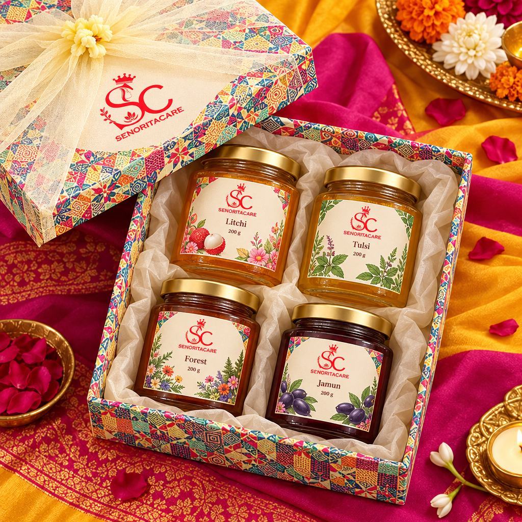 Concept overhead view of assorted honey gift box. Senorita honey gift hamper order now