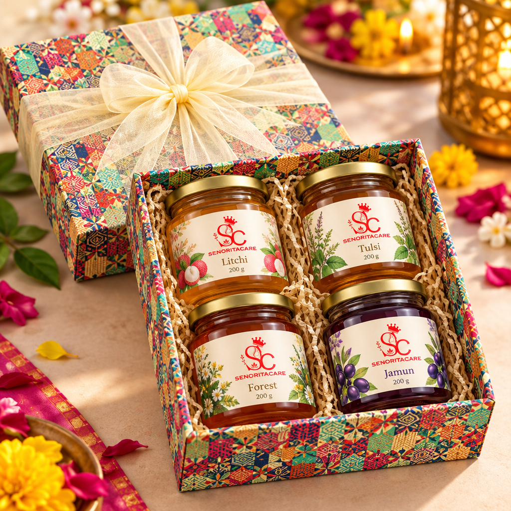 Concept detail of four honey jars inside gift box. Senorita honey gift hamper order now by senoritacare