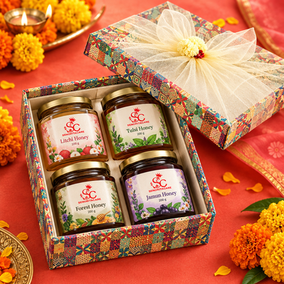 Concept of assorted honey gift box with festive background. Senorita honey gift pack