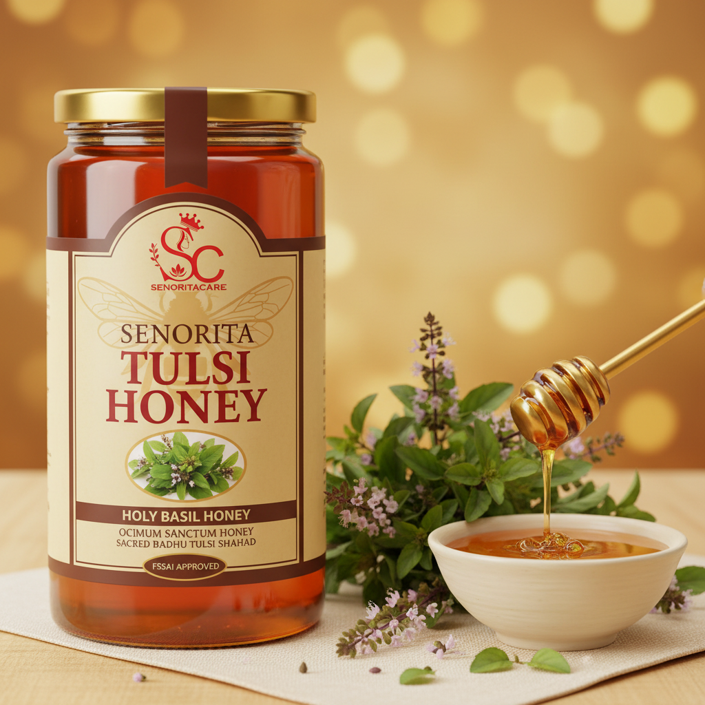 Senorita Tulsi Honey 1kg lifestyle fresh tulsi leaves golden honey by SenoritaCare