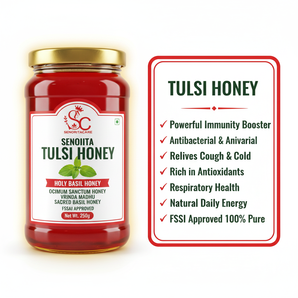 Senorita Tulsi Honey 250g health benefits immunity booster infographic By SenoritaCare Order Now 