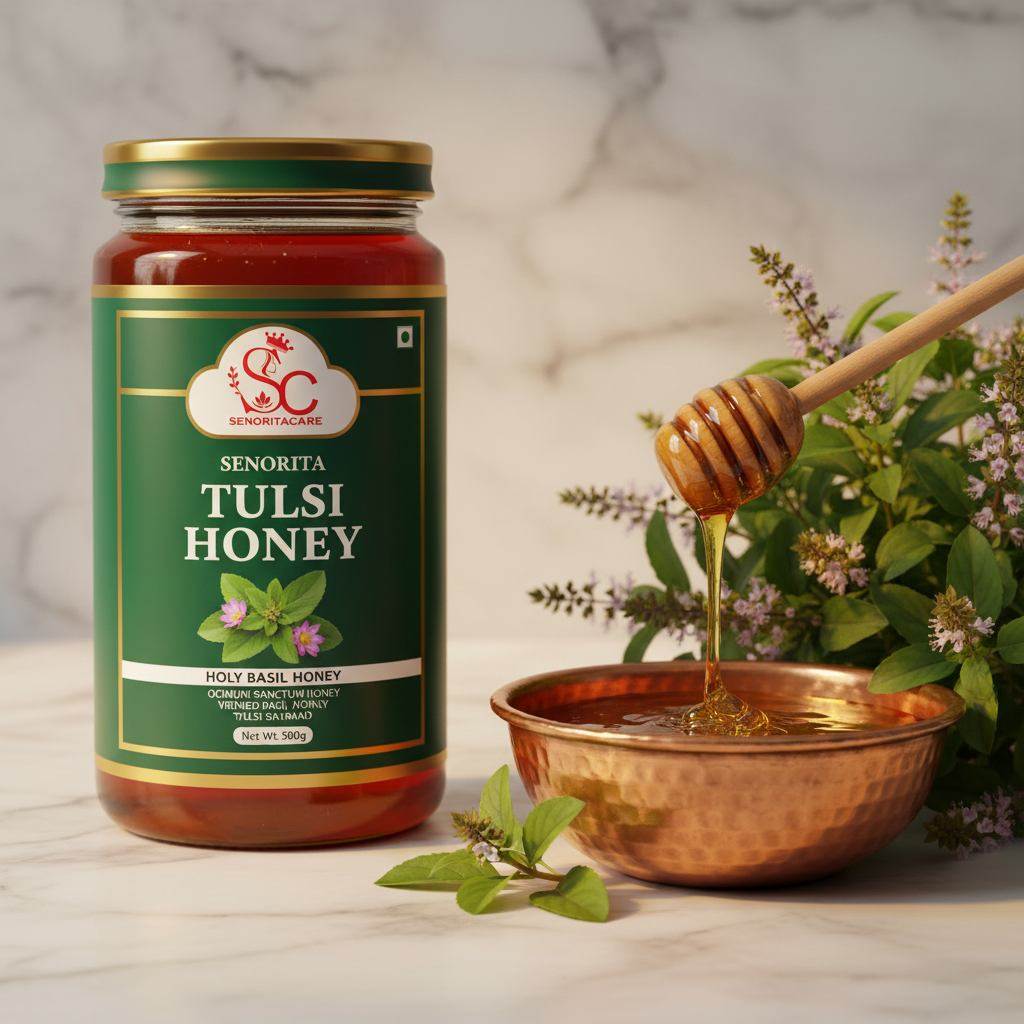 Senorita Tulsi Honey 500g lifestyle with fresh tulsi leaves Order Now Senorita Honey Now At SenoritaCare Store
