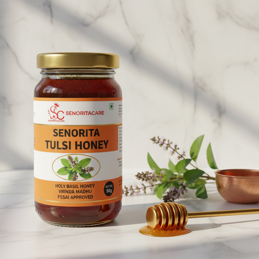 Senorita Tulsi Honey 50g lifestyle fresh tulsi leaves golden honey by SenoritaCare