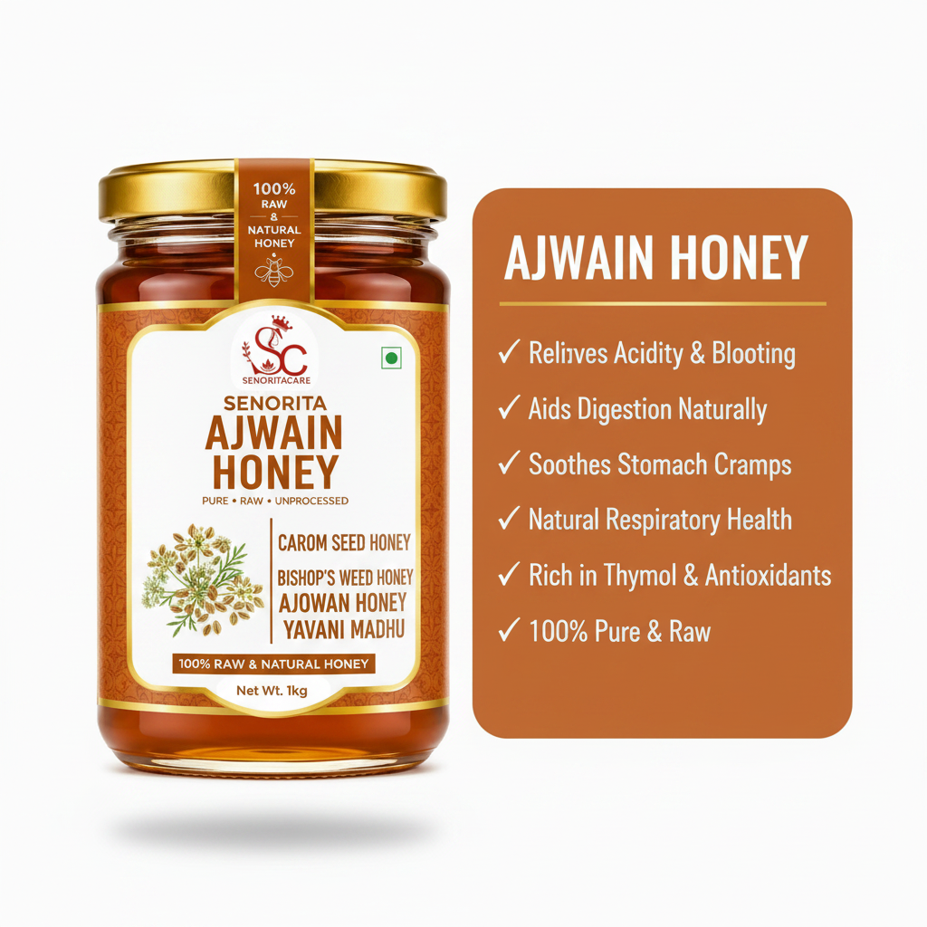 A jar of Senorita Ajwain Honey shown on a white background next to a brown informational card listing benefits. The jar has a gold lid and a cream label with red and brown text, featuring the brand logo 'SC' and product name 'Senorita Ajwain Honey'. Order Now Senorita Honey Now At SenoritaCare Store