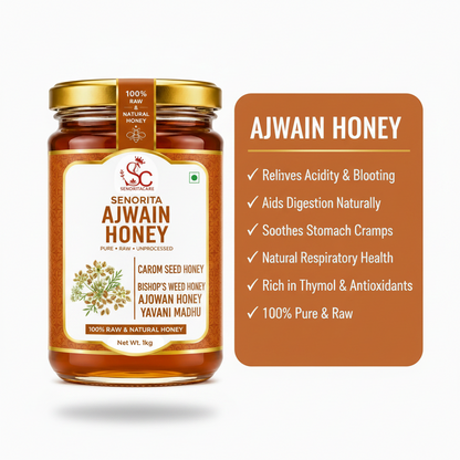A jar of Senorita Ajwain Honey shown on a white background next to a brown informational card listing benefits. The jar has a gold lid and a cream label with red and brown text, featuring the brand logo 'SC' and product name 'Senorita Ajwain Honey'. Order Now Senorita Honey Now At SenoritaCare Store