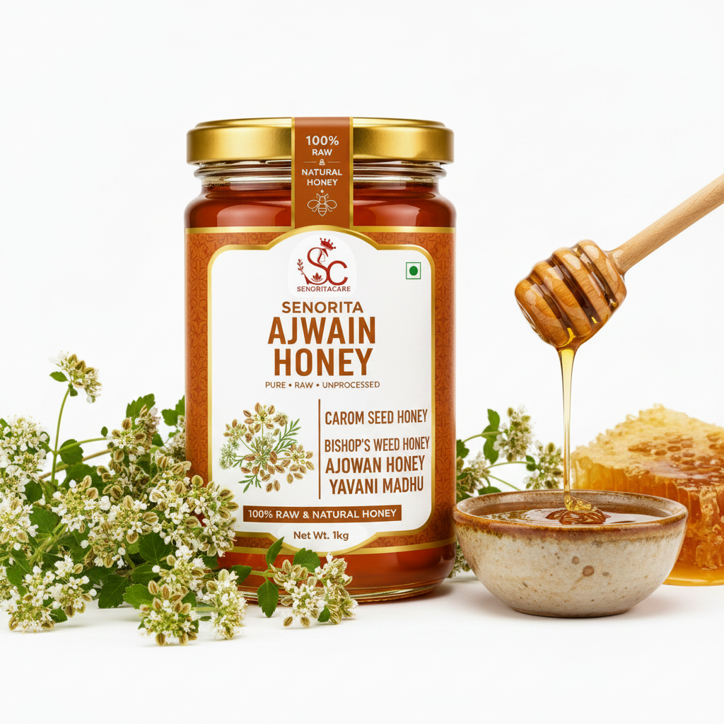 A glass jar of Senorita Ajwain Honey with a gold lid and cream label, styled on a white background with small white flowers, a ceramic bowl of honey, a wooden honey dipper, and a piece of honeycomb. Order Now Senorita Honey Now At SenoritaCare Store