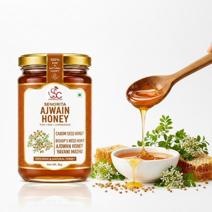 A glass jar of Senorita Ajwain Honey on a white background, with a wooden spoon dripping honey above a small bowl, surrounded by flowers, seeds, and honeycomb. Order Now Senorita Honey Now At SenoritaCare Store