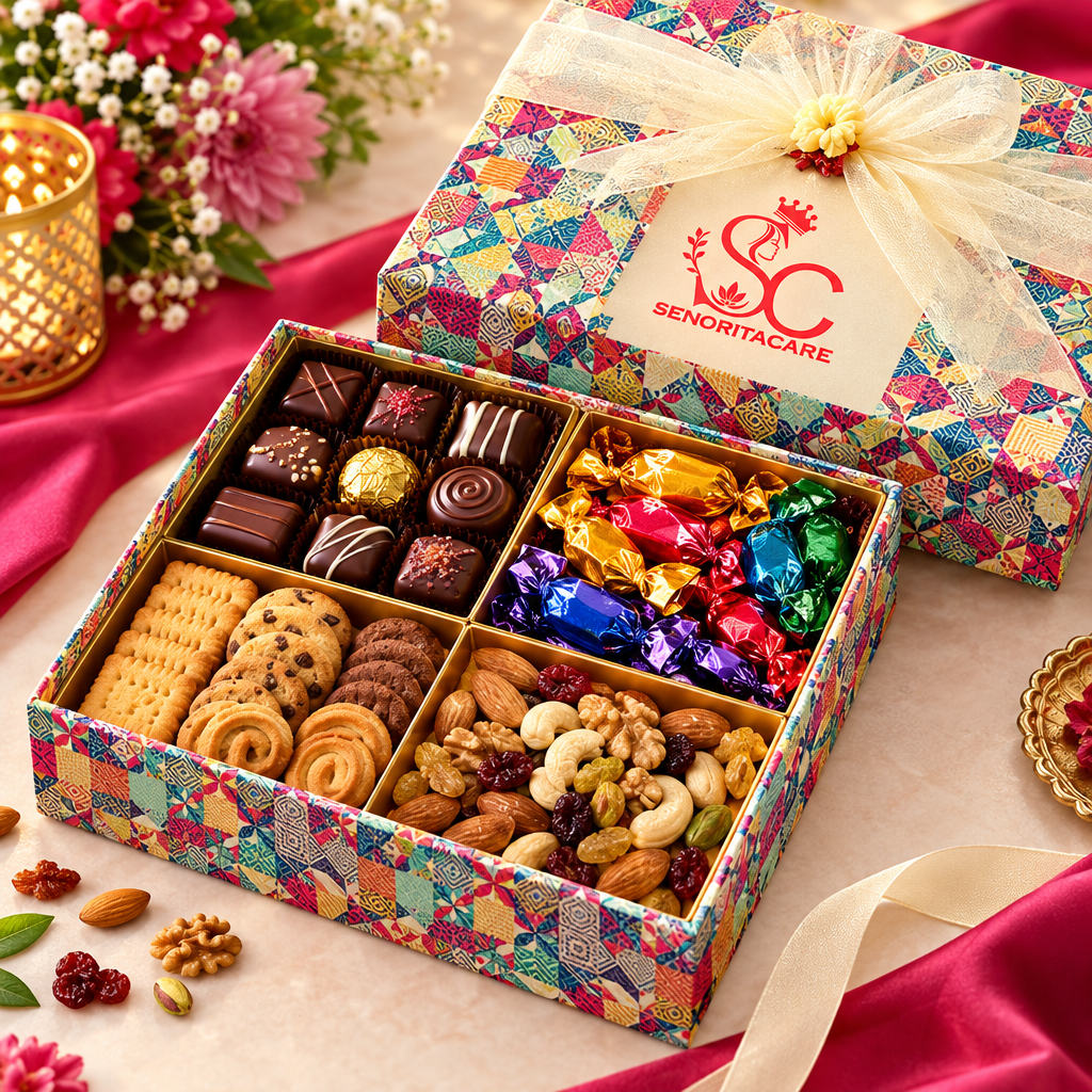 Concept detail of chocolates toffees biscuits and dry fruits