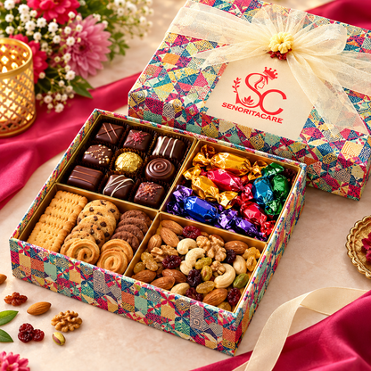 Concept detail of chocolates toffees biscuits and dry fruits