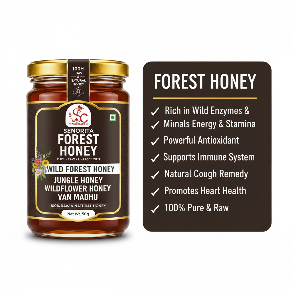 A jar of Senorita Forest Honey (Jungle Honey) on a white background next to a dark brown informational card detailing its health benefits. Order Now Senorita Honey Now At SenoritaCare Store