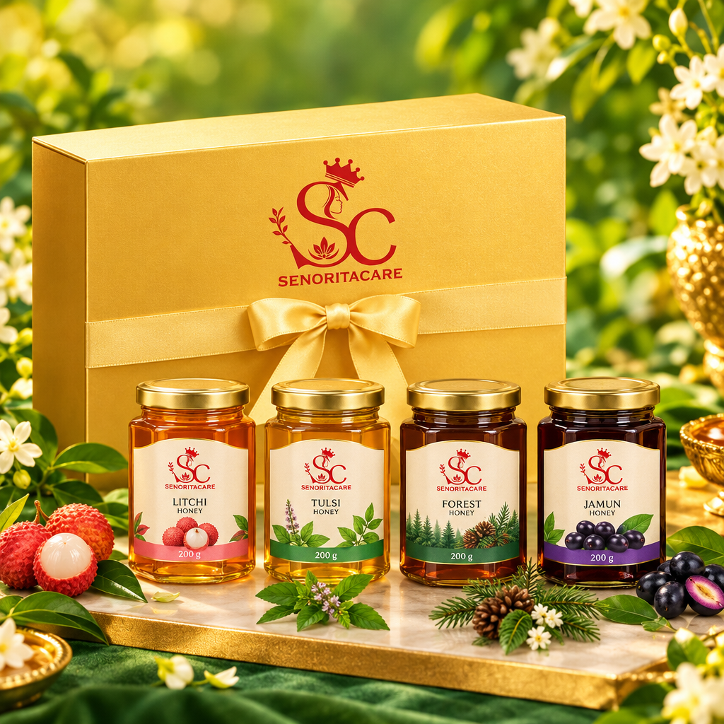 Concept of four honey jars and gift box in floral setting