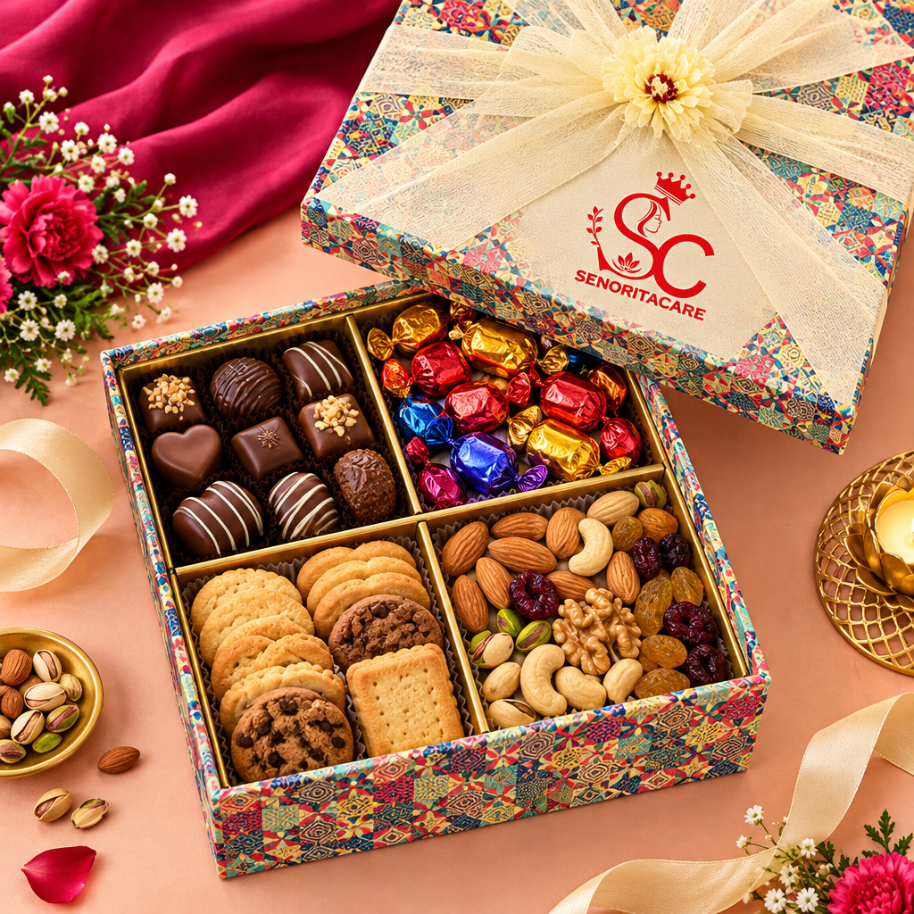 Concept open gift box with chocolates toffees biscuits and dry fruits
