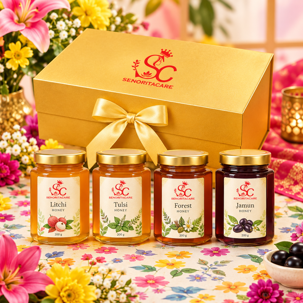Concept ribbon-tied honey gift pack on colourful background