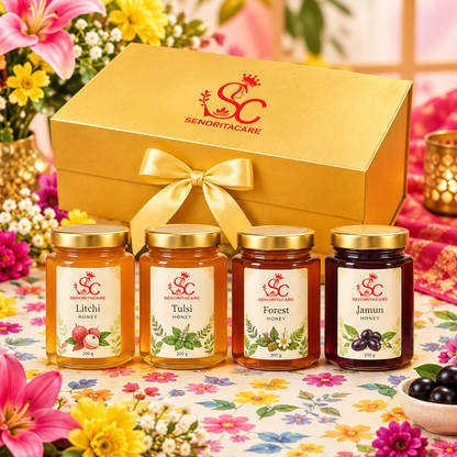 Concept ribbon-tied honey gift pack on colourful background