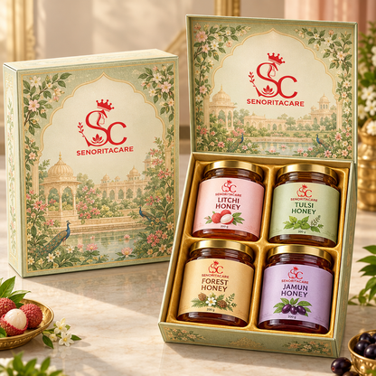 Concept: illustrated honey gift box closed and open