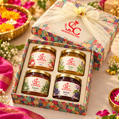 Concept of open patterned gift box with four honey jars
