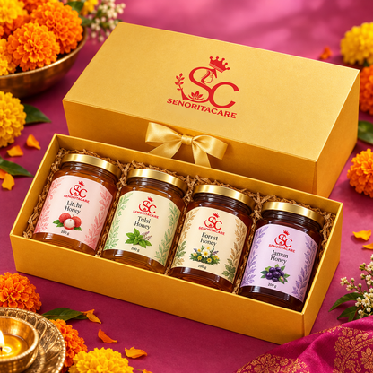 Concept open honey gift pack with four jars and festive flowers