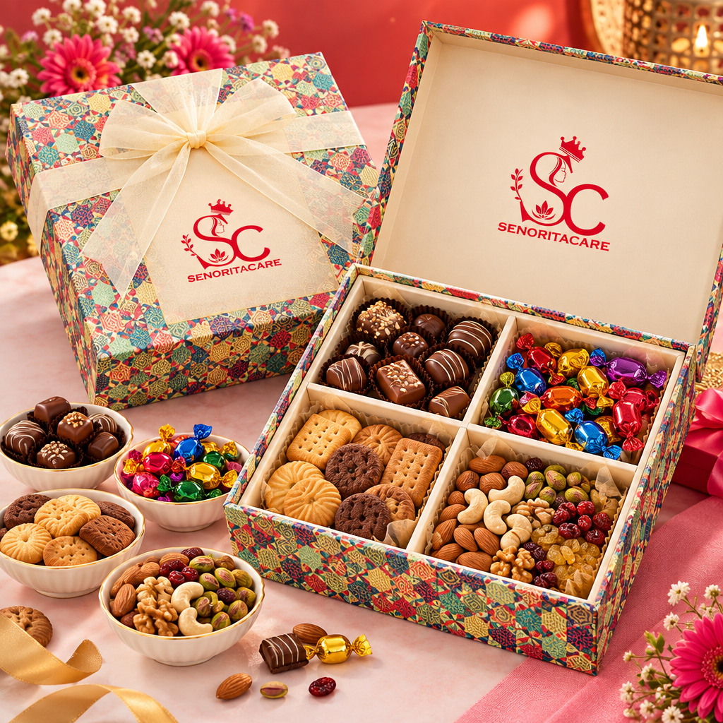 Concept mixed treats gift box and snack assortment