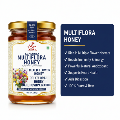 A jar of Senorita Multiflora Honey displayed next to a dark blue informational card detailing its health benefits. The product features a gold lid, a cream-colored label with multicolor floral illustrations, and a dark blue seal indicating 100% natural honey. Order Now Senorita Honey Now At SenoritaCare Store