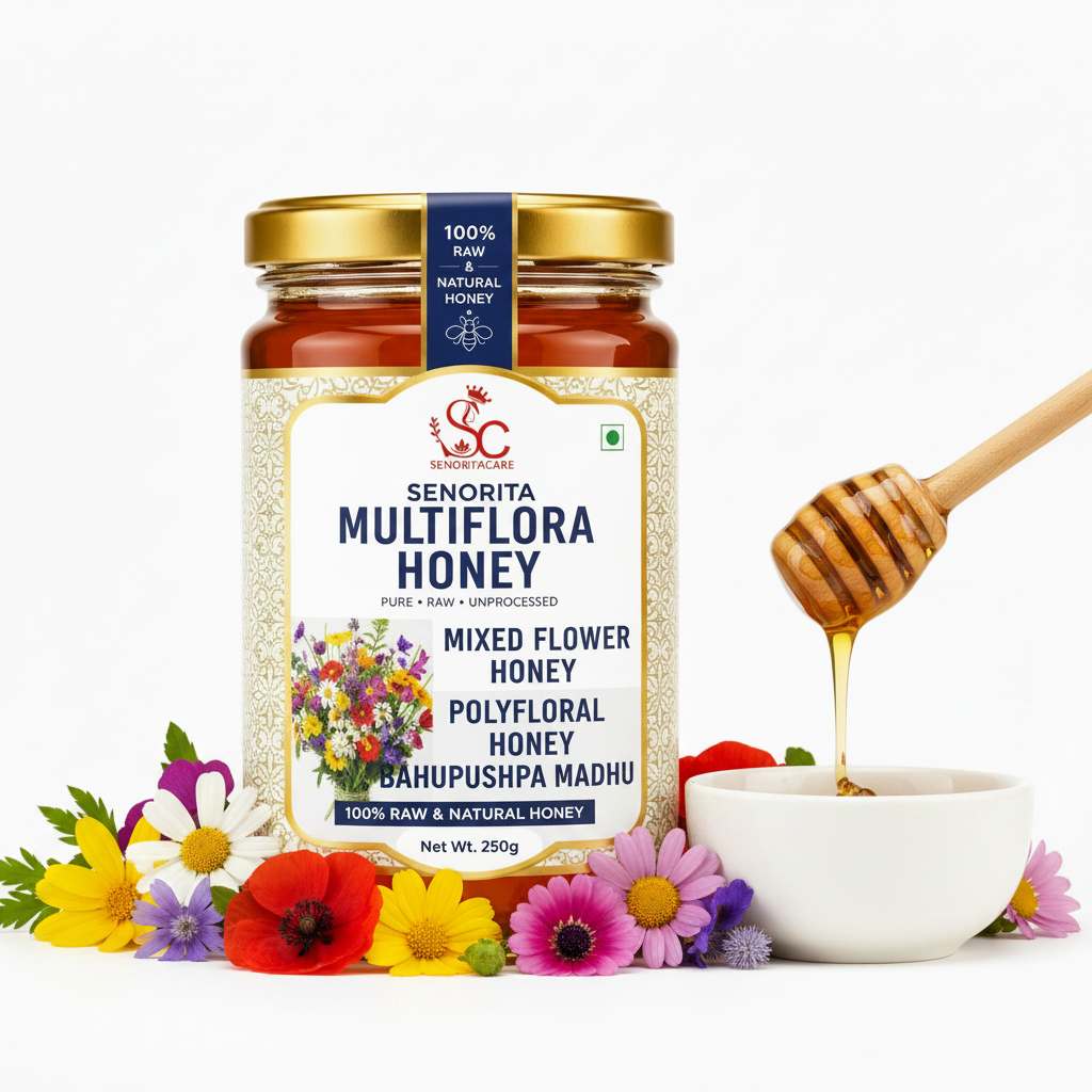 A jar of Senorita Multiflora Honey is shown on a clean white background, surrounded by colorful flowers and a small white bowl with honey dripping from a wooden dipper. The label reads 'Senorita Multiflora Honey' and 'Mixed Flower Honey'.
