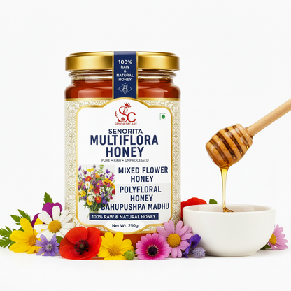 A jar of Senorita Multiflora Honey is shown on a clean white background, surrounded by colorful flowers and a small white bowl with honey dripping from a wooden dipper. The label reads 'Senorita Multiflora Honey' and 'Mixed Flower Honey'.