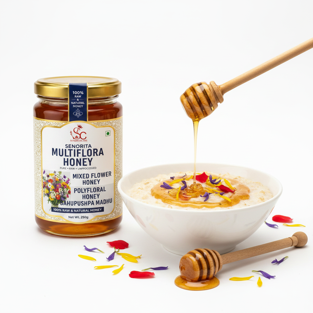 A jar of Seshnitha Multiflora Honey is shown next to a white bowl of yogurt topped with honey, edible flower petals, and a wooden honey dipper pouring honey. Another wooden honey dipper rests on the white surface, with scattered flower petals around the jar.Order Now Senorita Honey Now At SenoritaCare Store