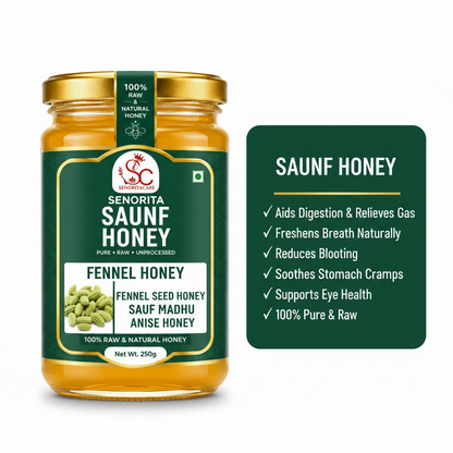 A jar of Senorita Saunf Honey on a white background, shown next to a green informational card detailing the benefits of saunf honey.Buy Senorita Honey Now At SenoritaCare Store- By SenoritaCare 