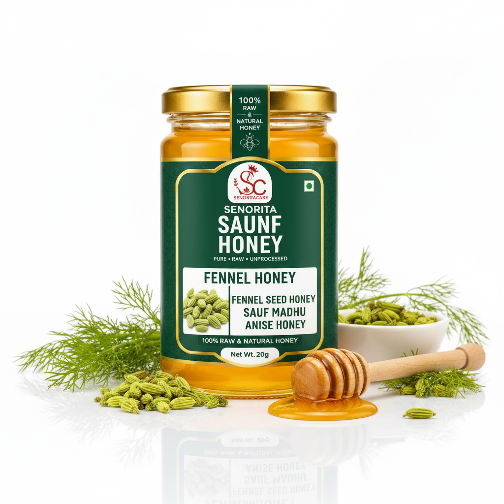 A jar of Senorita Saunf Honey with fennel and anise notes, shown with a gold lid, dark green label, honey dipper, and fresh fennel and anise sprigs on a reflective white surface.Buy Senorita Honey Now At SenoritaCare Store- By SenoritaCare 