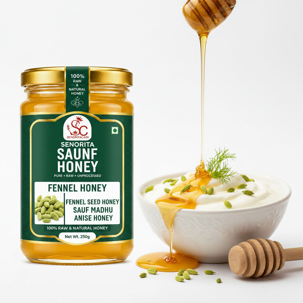 A jar of Senorita Saunf Honey fennel seed honey is shown next to a white bowl of yogurt topped with honey, seeds, and dill, with honey dripping from a wooden dipper above on a clean white background.Buy Senorita Honey Now At SenoritaCare Store- By SenoritaCare 