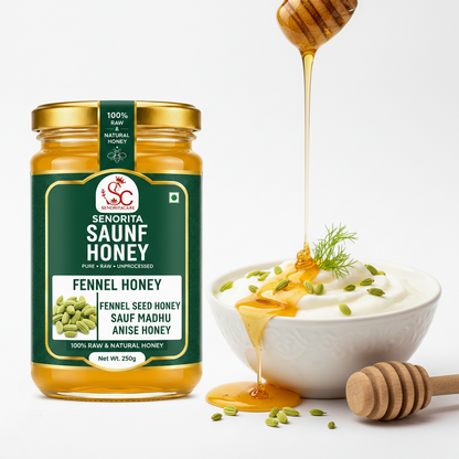 A jar of Senorita Saunf Honey fennel seed honey is shown next to a white bowl of yogurt topped with honey, seeds, and dill, with honey dripping from a wooden dipper above on a clean white background.Buy Senorita Honey Now At SenoritaCare Store- By SenoritaCare 