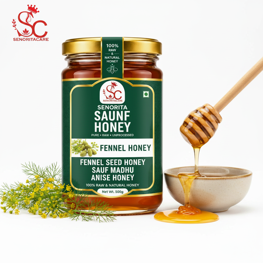 A 500g glass jar of Senorita Saufn Honey (Fennel Honey) on a white background, styled with a wooden honey dipper dripping honey into a small bowl, fresh fennel flowers, and the brand logo in the top left corner.Buy Senorita Honey Now At SenoritaCare Store- By SenoritaCare