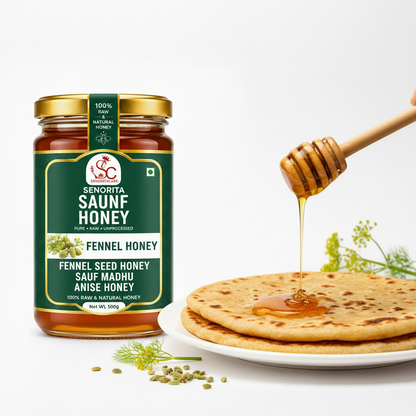 A jar of Senorita Saunf Honey (Fennel Honey) displayed next to a plate of flatbread with honey dripping from a wooden dipper, set against a clean white background.Buy Senorita Honey Now At SenoritaCare Store- By SenoritaCare