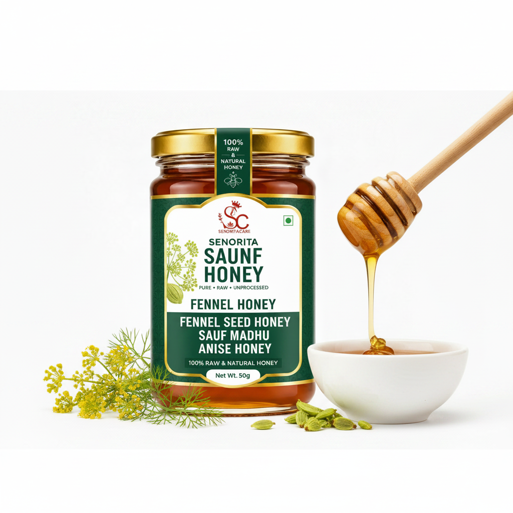 A jar of Senorita Saunf Honey (fennel seed honey) is displayed on a white background with a wooden honey dipper dripping honey into a small white bowl, accompanied by fresh fennel flowers and seeds.Buy Senorita Honey Now At SenoritaCare Store- By SenoritaCare