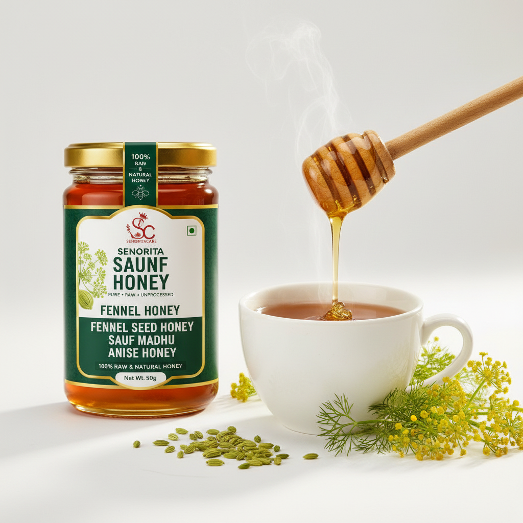 A glass jar of Senorita Saunf Honey fennel seed honey stands next to a white cup of hot honey with a wooden honey dipper dripping syrup, styled with fresh dill, yellow flowers, and scattered seeds on a clean white background.Buy Senorita Honey Now At SenoritaCare Store- By SenoritaCare