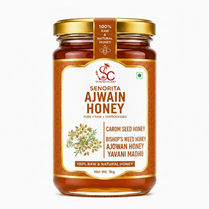 A 1kg glass jar of Senorita Ajwain Honey with a gold lid and a cream-colored label featuring brown text and botanical illustrations, set against a plain white background.Order Now Senorita Honey Now At SenoritaCare Store