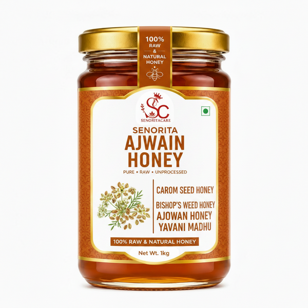A 1kg glass jar of Senorita Ajwain Honey with a gold lid and a cream-colored label featuring brown text and botanical illustrations, set against a plain white background.Order Now Senorita Honey Now At SenoritaCare Store