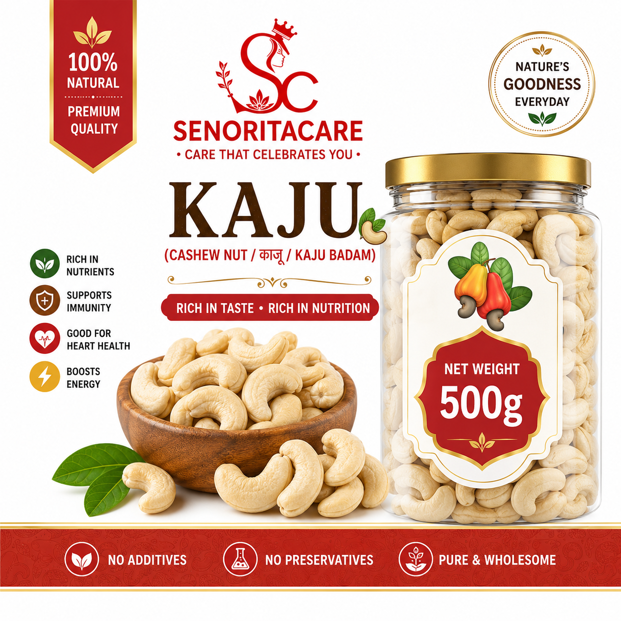 Senorita Cashew (Kaju) 500g premium cashew nuts rich in minerals healthy dry fruits by SenoritaCare