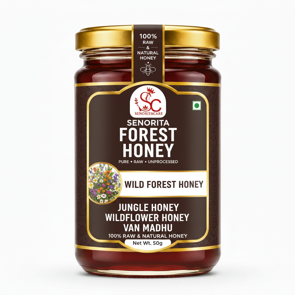 A 50g glass jar of Senorita Forest Honey with a gold lid and a dark brown label, shown on a clean white background. Order Now Senorita Honey Now At SenoritaCare Store