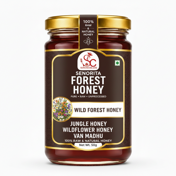 A 50g glass jar of Senorita Forest Honey with a gold lid and a dark brown label, shown on a clean white background. Order Now Senorita Honey Now At SenoritaCare Store