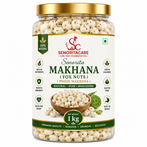 Senorita Makhana (Fox Nuts Phool Makhana) 1kg premium roasted makhana front view healthy snack high in protein by SenoritaCare