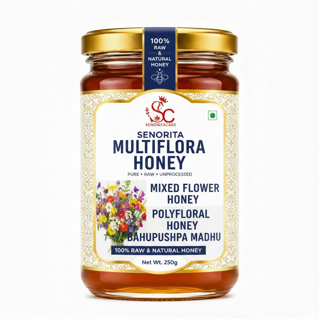 A glass jar of Senorita Multiflora Honey with a gold metal lid and a white label featuring multicolored flowers and blue text, set against a plain white background. Order Now Senorita Honey Now At SenoritaCare Store
