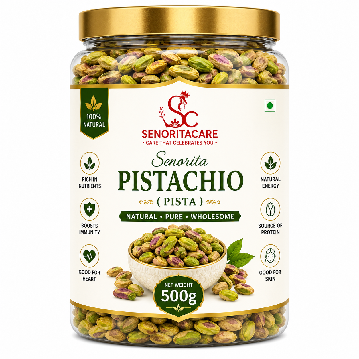 Senorita Pistachio (Pista) 500g premium natural pistachios front view rich in protein healthy dry fruits by SenoritaCare