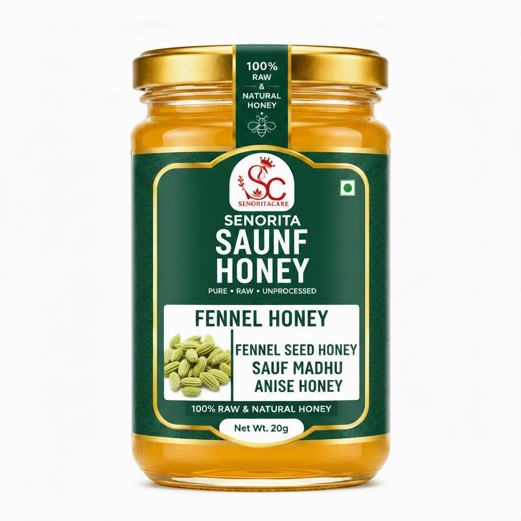 A 20g glass jar of Senorita Saunf Honey (Fennel Honey) with a dark green label and a gold lid, set against a plain white background.Buy Senorita Honey Now At SenoritaCare Store- By SenoritaCare 
