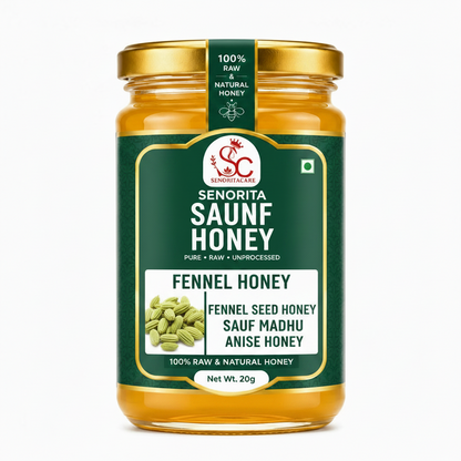 A 20g glass jar of Senorita Saunf Honey (Fennel Honey) with a dark green label and a gold lid, set against a plain white background.Buy Senorita Honey Now At SenoritaCare Store- By SenoritaCare 