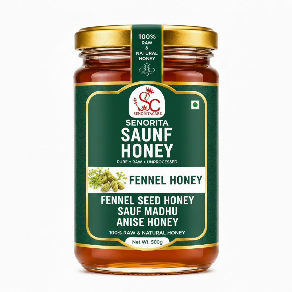 A 500g glass jar of Senorita Saunf Honey (Fennel Honey) with a dark green label and gold lid, shown on a clean white background.Buy Senorita Honey Now At SenoritaCare Store- By SenoritaCare