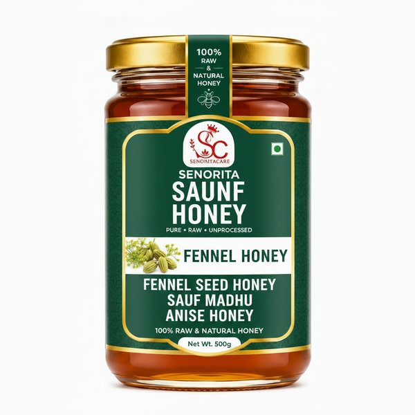 A 500g glass jar of Senorita Saunf Honey (Fennel Honey) with a dark green label and gold lid, shown on a clean white background.Buy Senorita Honey Now At SenoritaCare Store- By SenoritaCare