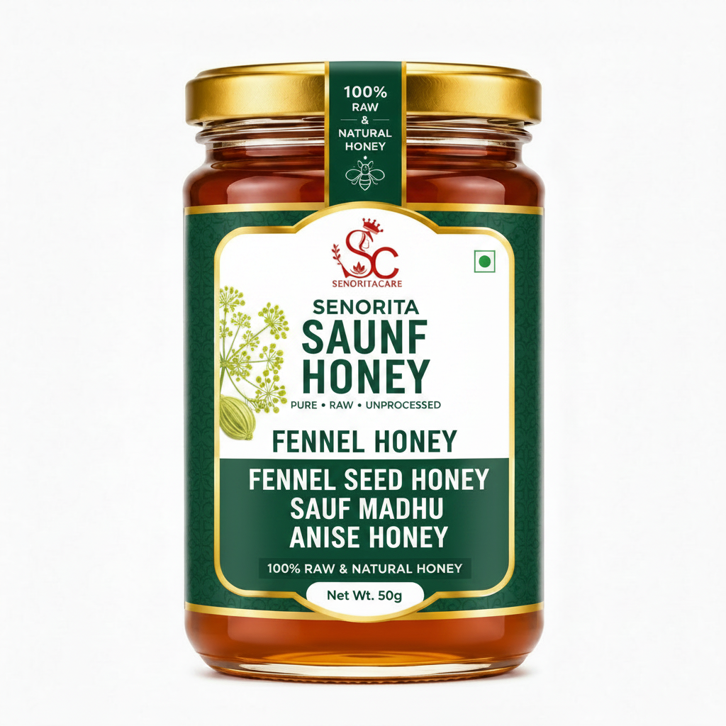 A 50g glass jar of Senorita Saunf Honey (Fennel Honey) with a gold lid and a green and white label, shown on a clean white background.Buy Senorita Honey Now At SenoritaCare Store- By SenoritaCare